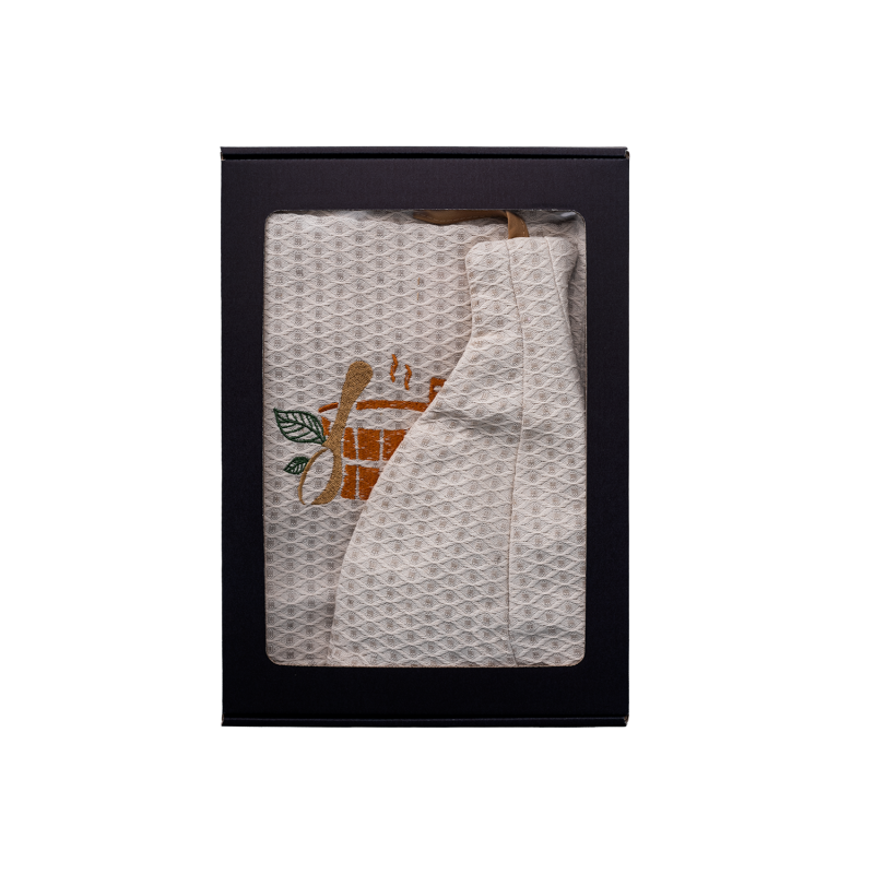 Darilni set v darilni škatli za NJEGA. Moška savna kapa in predpasnik - LAN, vezen