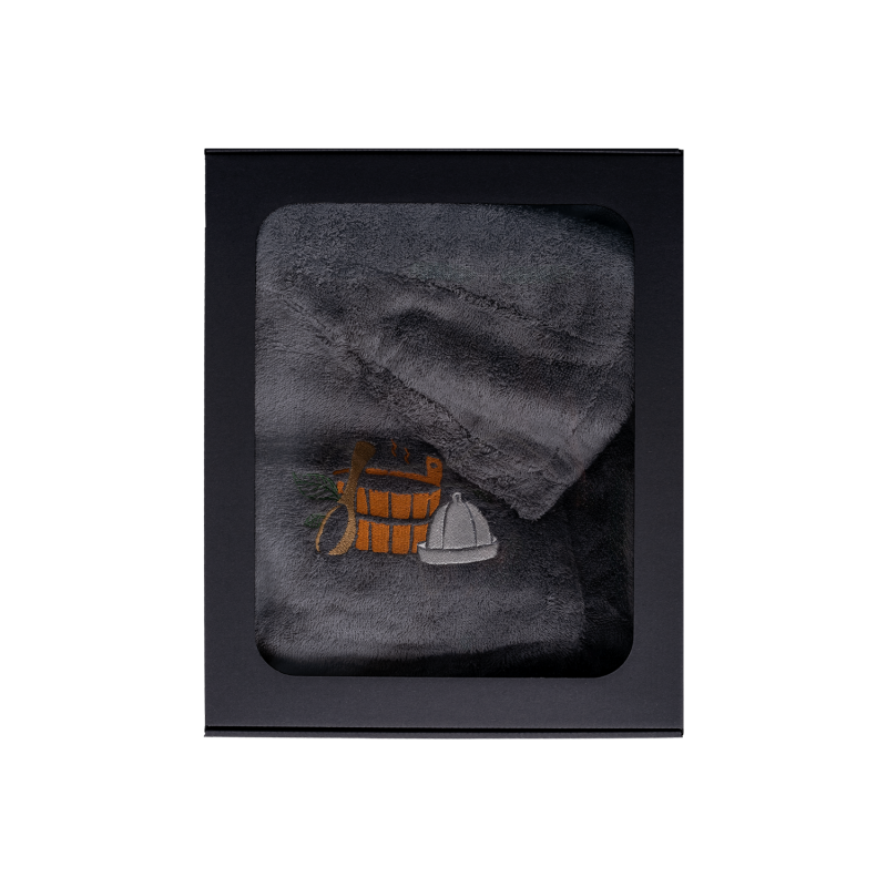 Darilni set v darilni škatli za NJEGA. Moška kapa in predpasnik za savno - SIVA