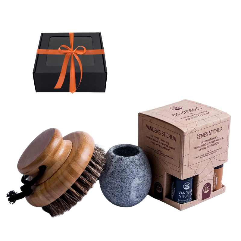 Darilni set v darilni škatli DIŠAVNA TOPLINA. Čopič, skodelica za dišave in eterična olja.