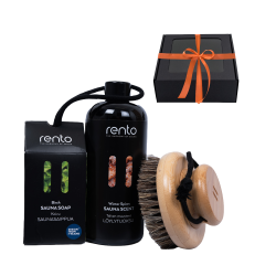 Darilni set v darilni škatli ZIMSKI ZAČIMBI. Dišavna esenca, čopič za telo in milo. 