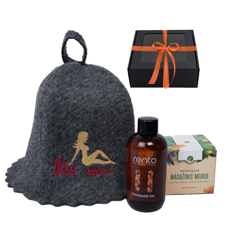 Darilni set MISS SAVNA v darilni škatli. Kapa za savno, masažno olje in med