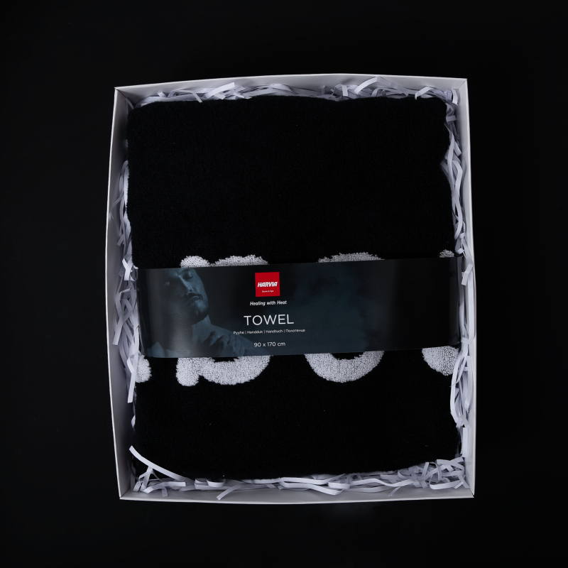 Brisača HARVIA #healingwithheat v darilni škatli, 90 x 170 cm, črna