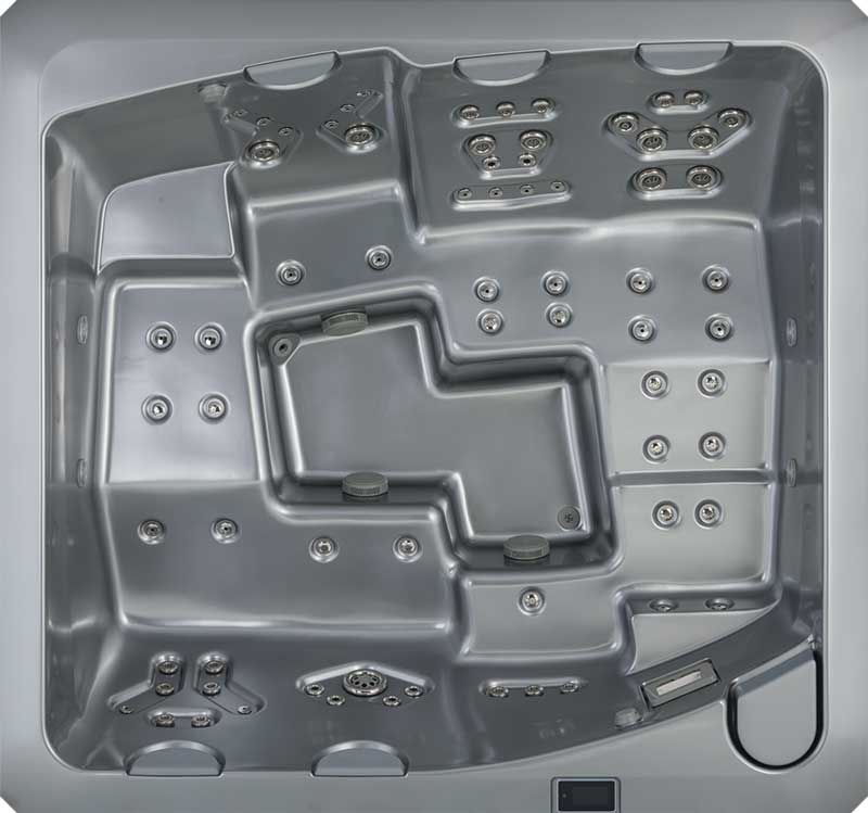 Pogled od zgoraj na siv masažni bazen USSPA z ergonomskimi sedeži in več conami curkov